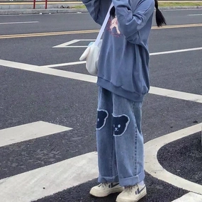 Sharp Comfort City Walk Comfy Weekend Getaway Female Loose Retro Bear Patchwork Jeans