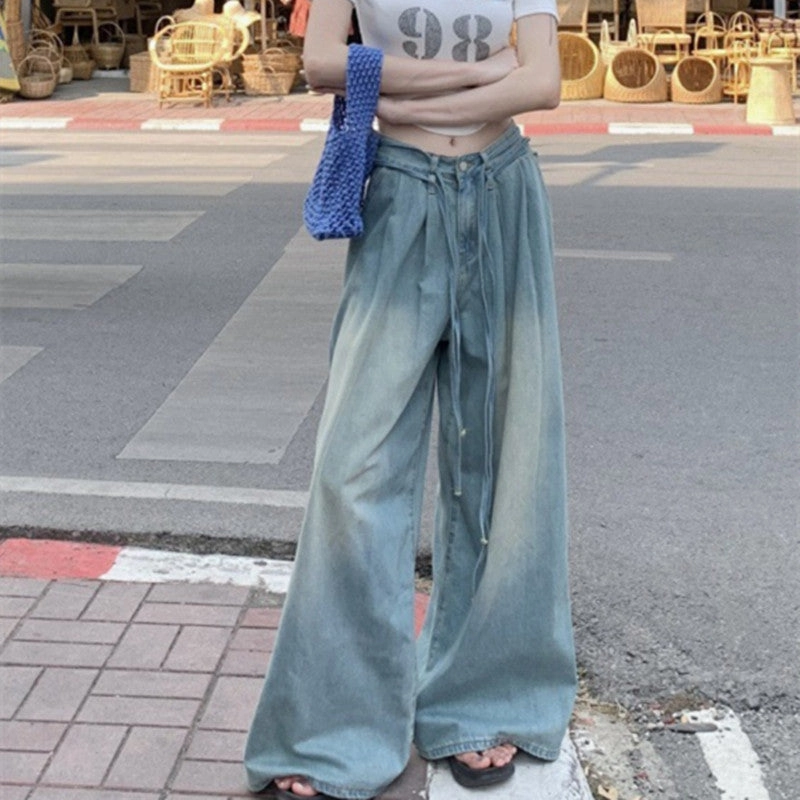 Casual Style Women's Fashion Water Drawstring Loose Wide Leg Jeans