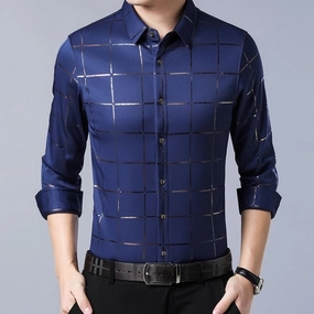 West Louis? Brand Luxury Plaid Long Sleeve Slim Fit Dress Shirt Bio Glow MachineWashable Fabric