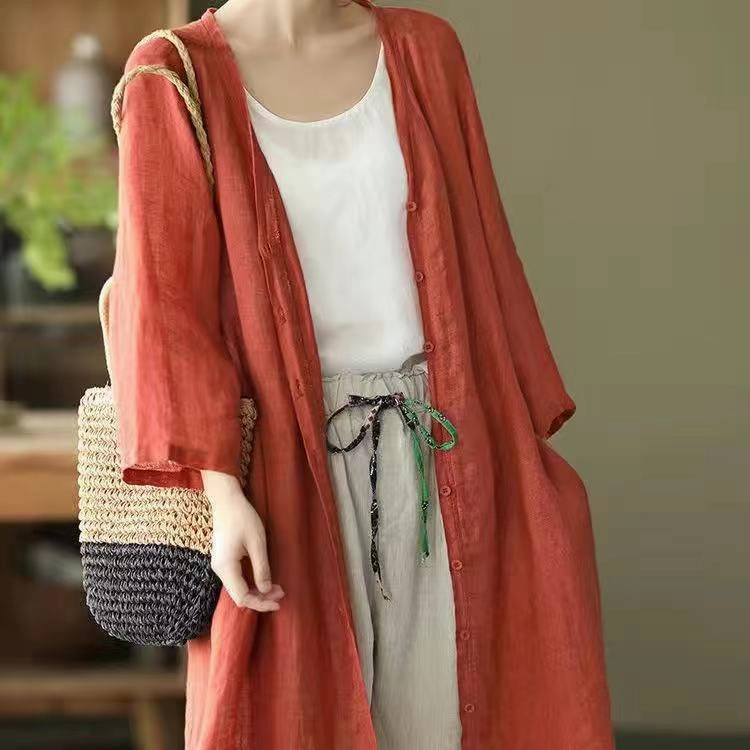 snap closure Artistic Plus Size Loose Mid-length Cotton And Linen Shirt Solid Color
