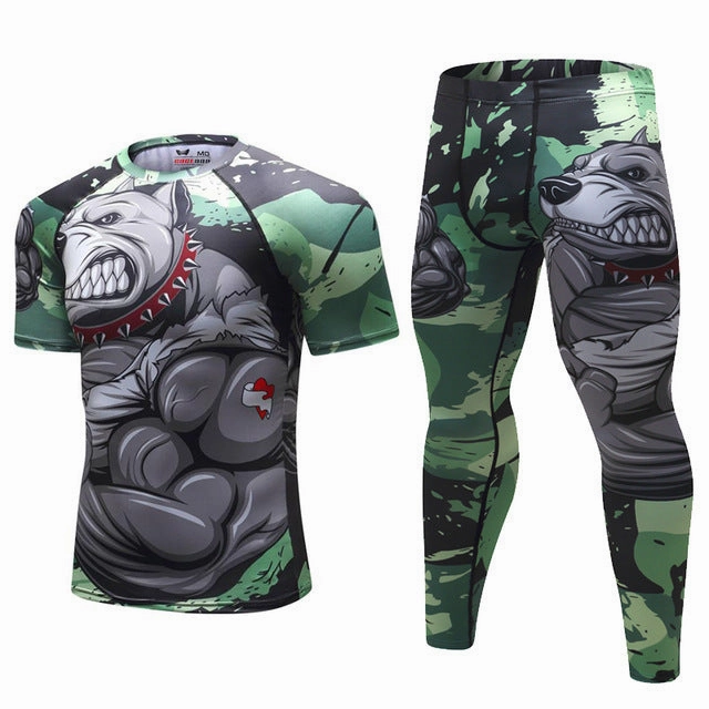 Quick Evaporation Knit Mens Tracksuit Set D Animal Compression T-Shirt Pants Skin