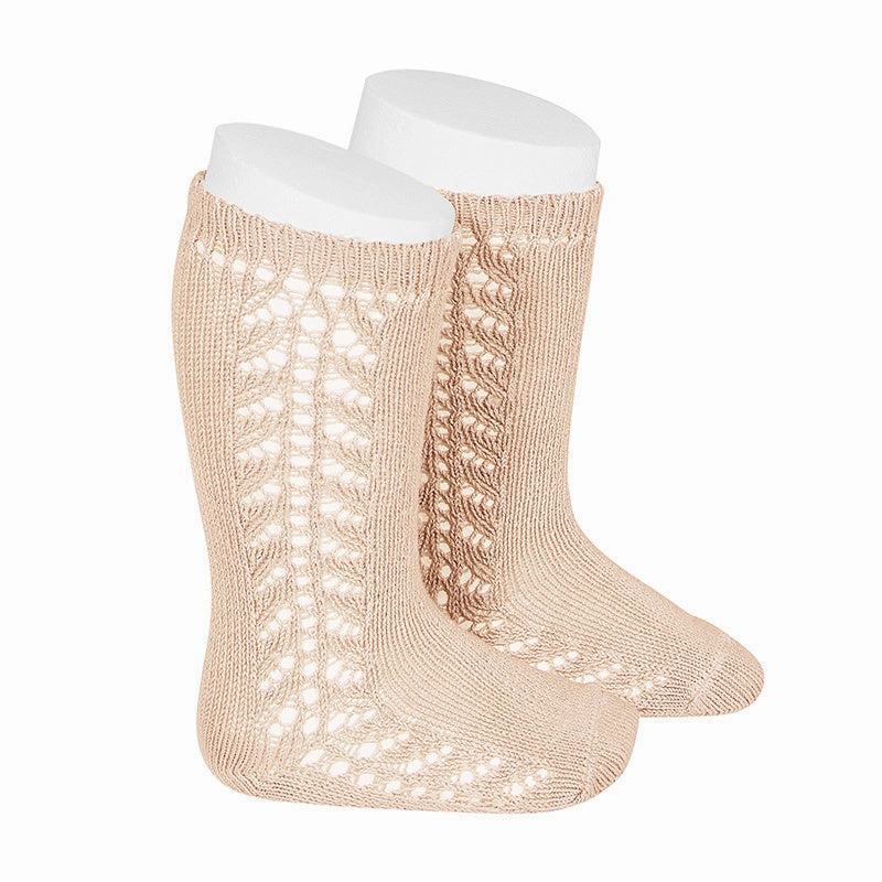 Condor Socks - Side Openwork Lace Knee High - Nude Anti Slip Traction Pattern