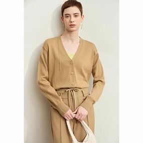 Minimalist Knit Cardigan - V-Neck Fringe Loose-Fit Autumn Top Stretchable Material