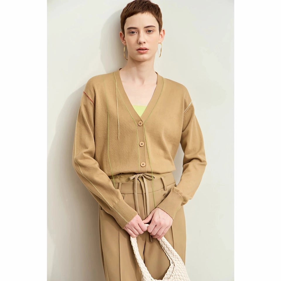 Minimalist Knit Cardigan - V-Neck Fringe Loose-Fit Autumn Top Stretchable Material