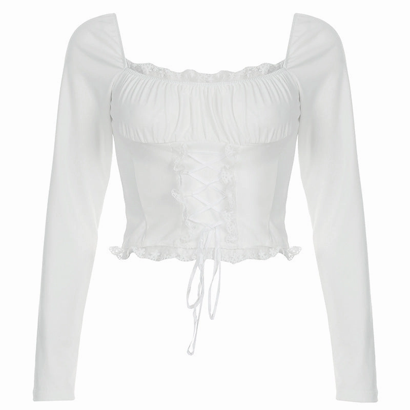 Sleek Casual Light Reflective Zippers French Style Square Collar Lace Lace Band Long Sleeve Top