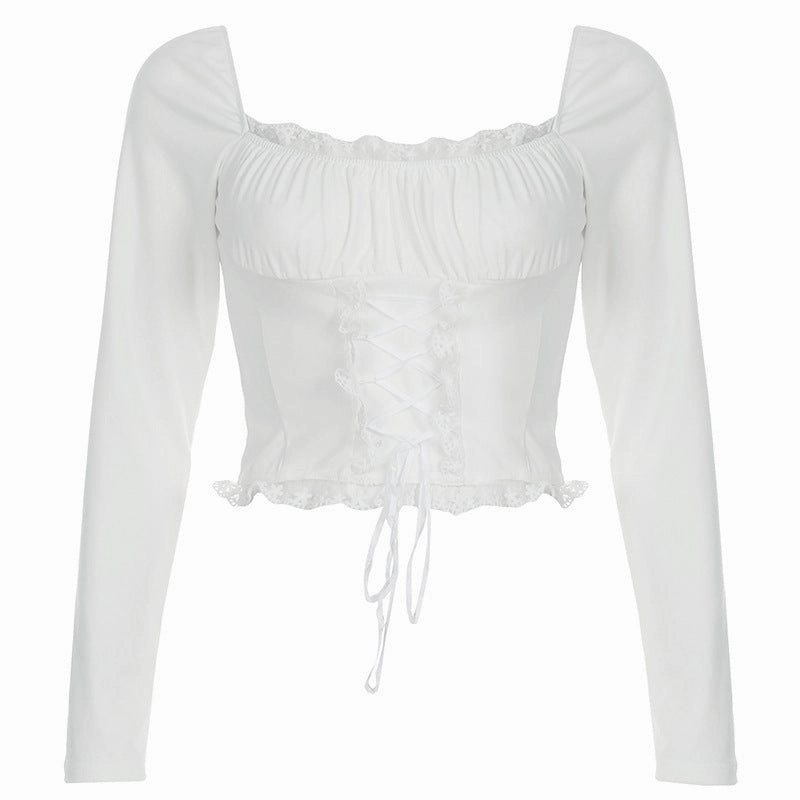 French Style Square Collar Lace Lace Band Long Sleeve Top Elastic Hem Adjustment