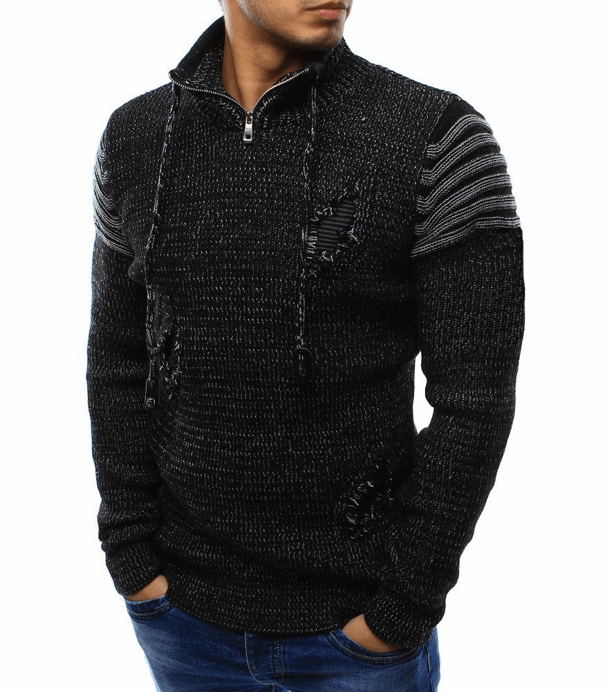 City Style Outdoor Hoodie High Neck Zipper Broken Hole Fashion Trendy Sweater