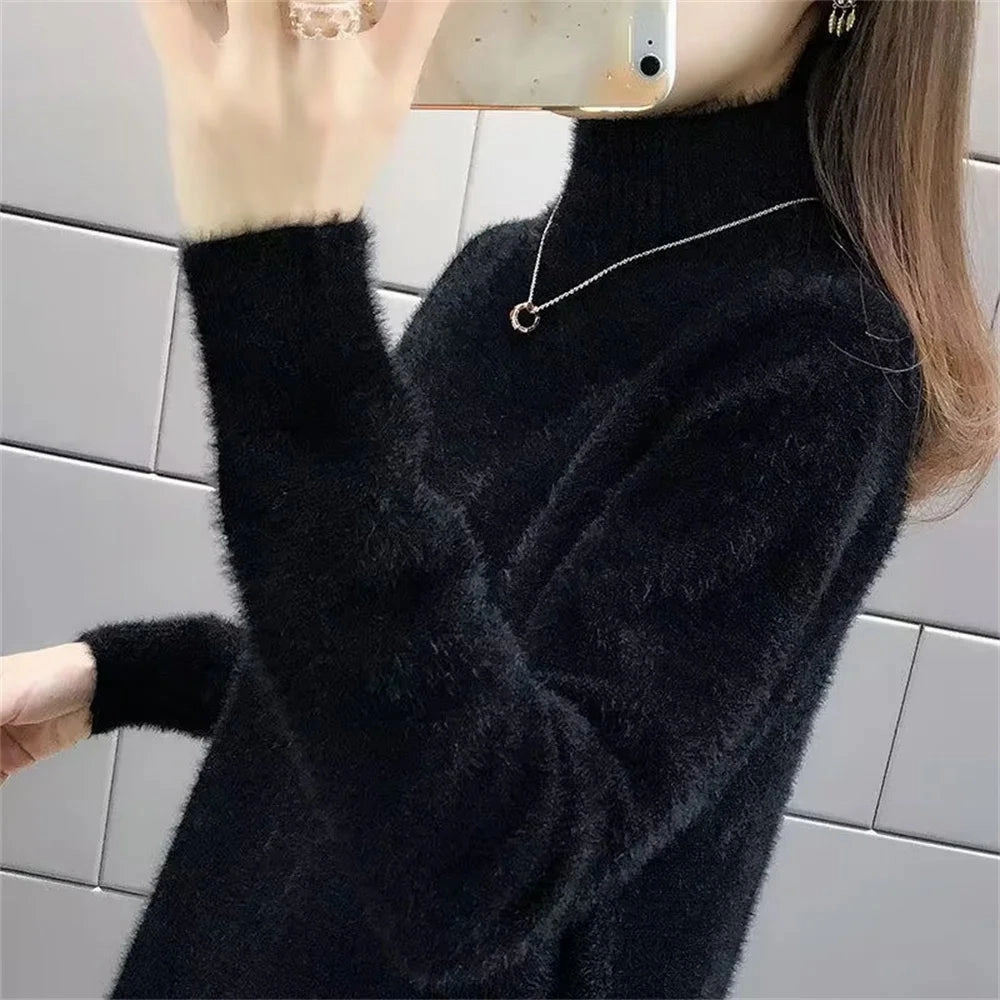 2024 Korean Fashion Autumn Winter Imitate Mink Wool Female Casual Sweater O-neck Long Solid Women Knitted Tops Elastic Pullovers Stress Point Reinforcement