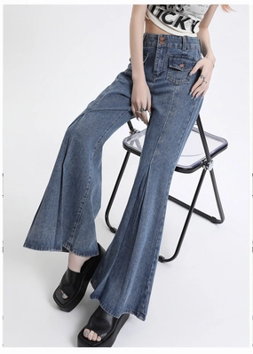 Belt Loop Reinforcement High Waist Double Buckle Stitching Wide Leg Skinny Jeans For Women