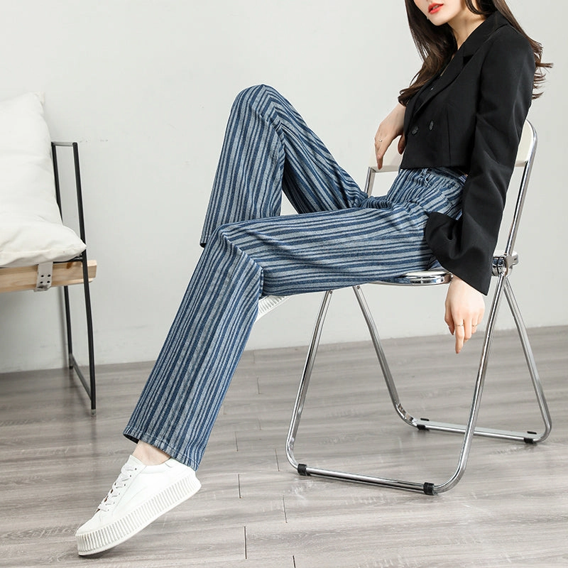 Softened Lining High-Waist Striped Wide-Leg Jeans for Women - Fashionable Street Style Pants
