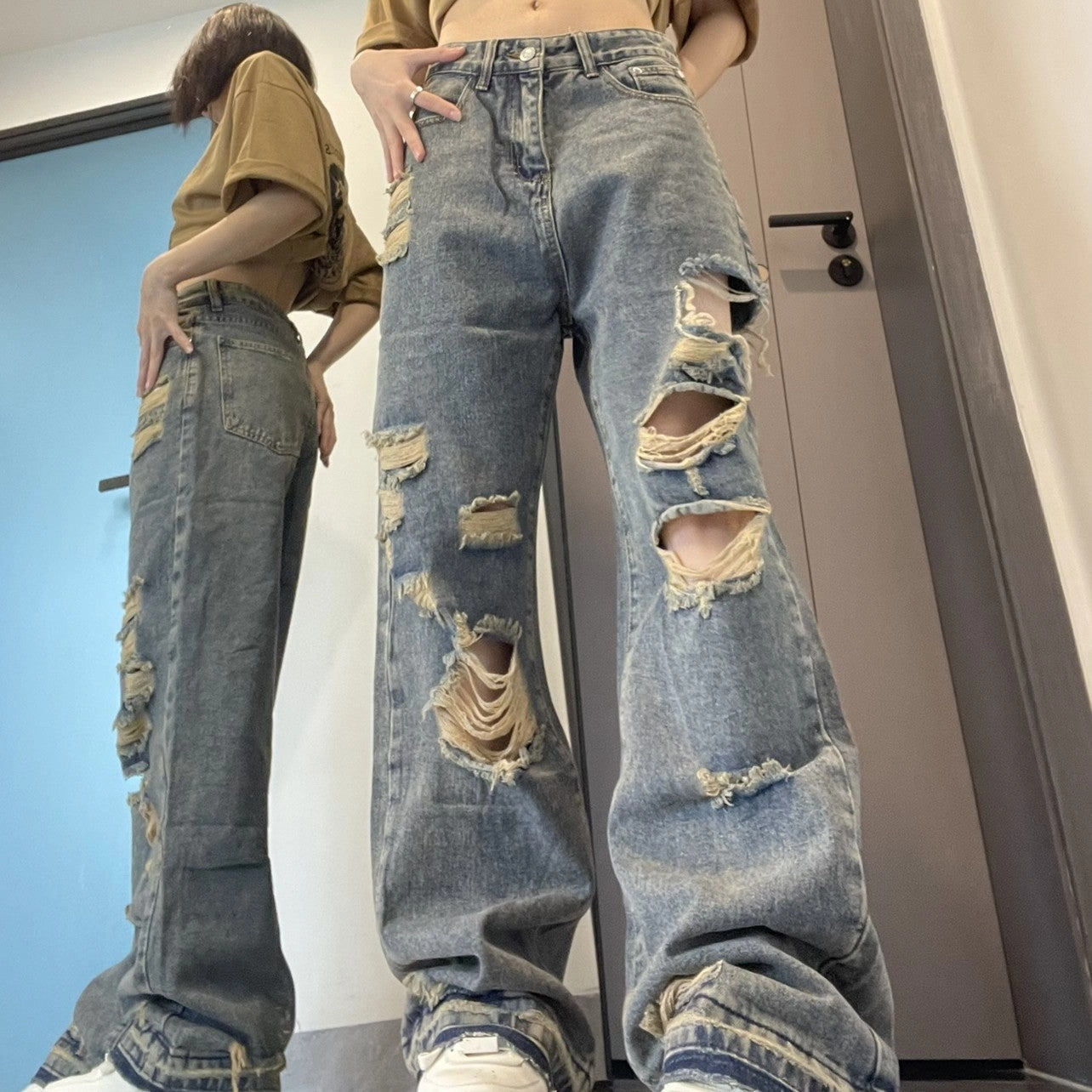 Hiphop Ripped Jeans For Women With Loose Wide Legs Distressed Detailing