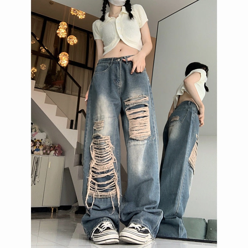 Affordable Neutral Holiday Vibes Sunny Vibes Office Wear Fashion Holes Jeans Women's Retro High Waist