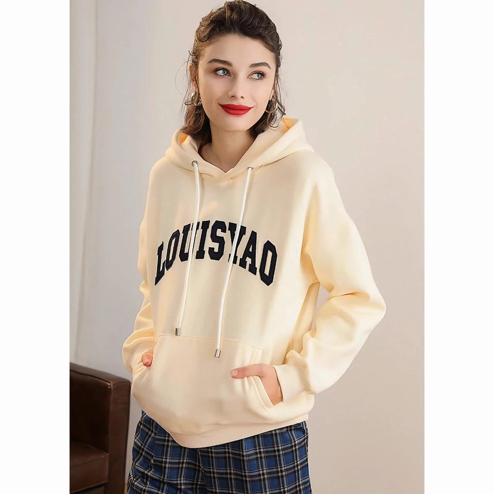 Relaxed Essentials Hooded Drawstring Embroidered Patch Drop-Shoulder Pullover Hoodie