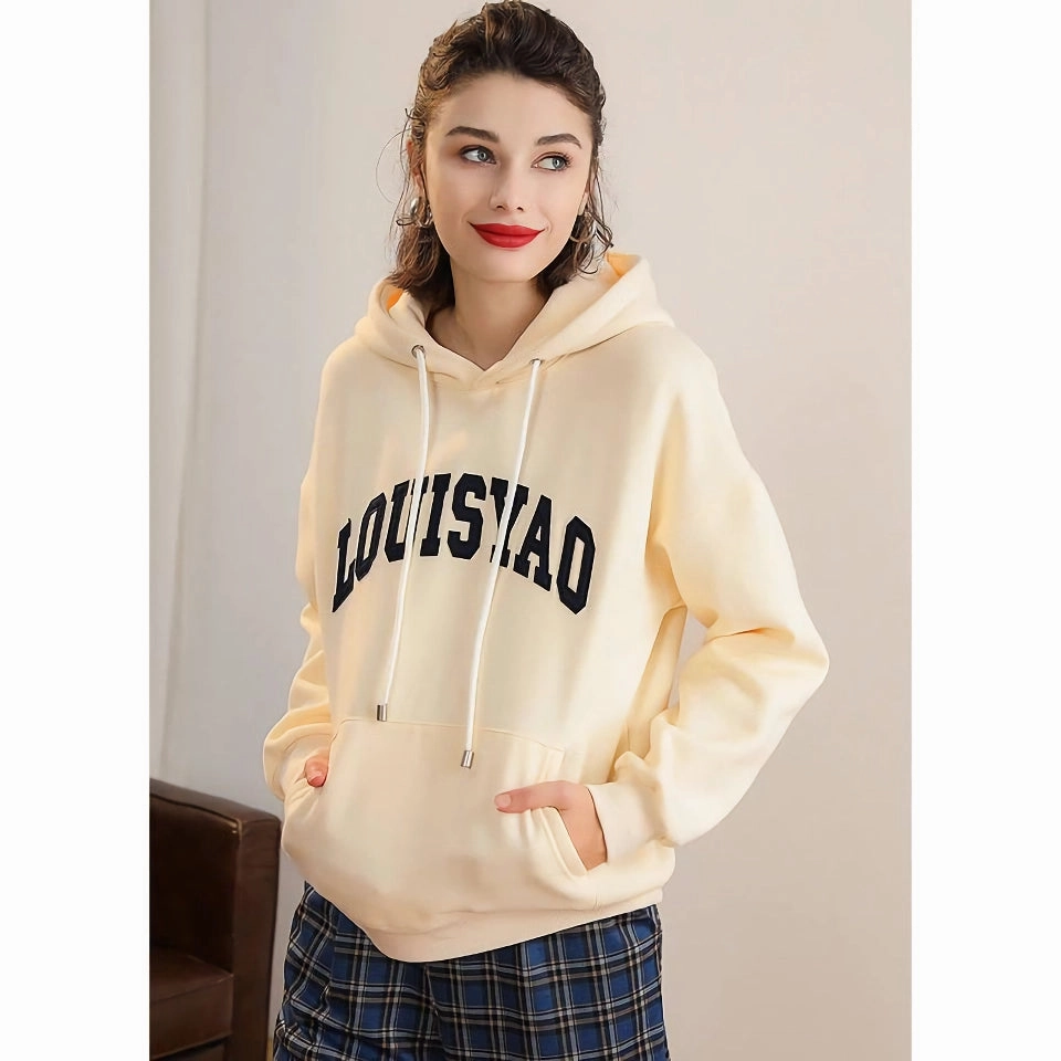 good for yoga Hooded Drawstring Embroidered Patch Drop-Shoulder Pullover Hoodie