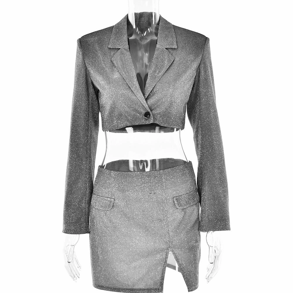 Sexy Cutout V-neck Long Sleeve Slim-fit Shiny Suit Top Skirt Two-piece Suit Eco Worker Flexible Vintage