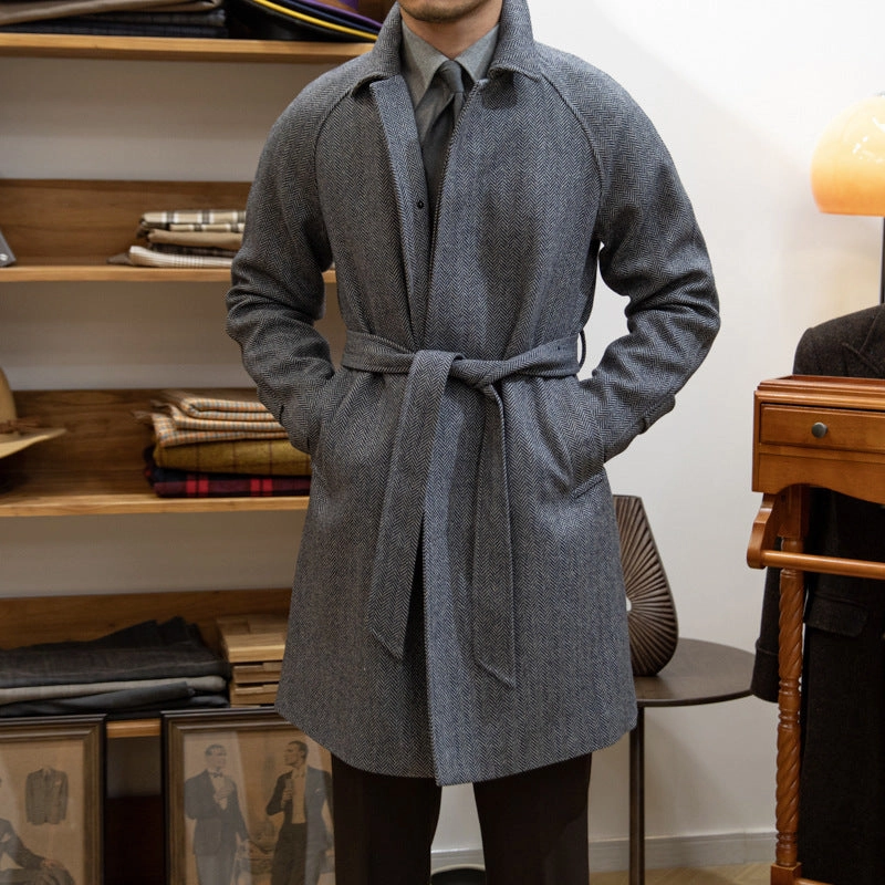 Japanese Leisure Mid-length Coat Herringbone Wool Slim Fit subtle style
