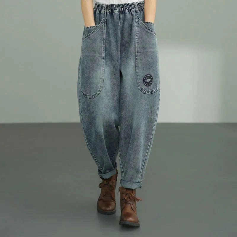 Eco Certified Textile Standards Youth Style Stylish Road Trip Jeans Loose Waist Trimming Patch Large Pocket Casual Trousers