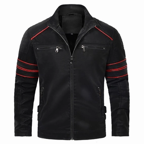 Men's Fashion Stand Collar Brushed PU Leather Jacket Hint Embroidered