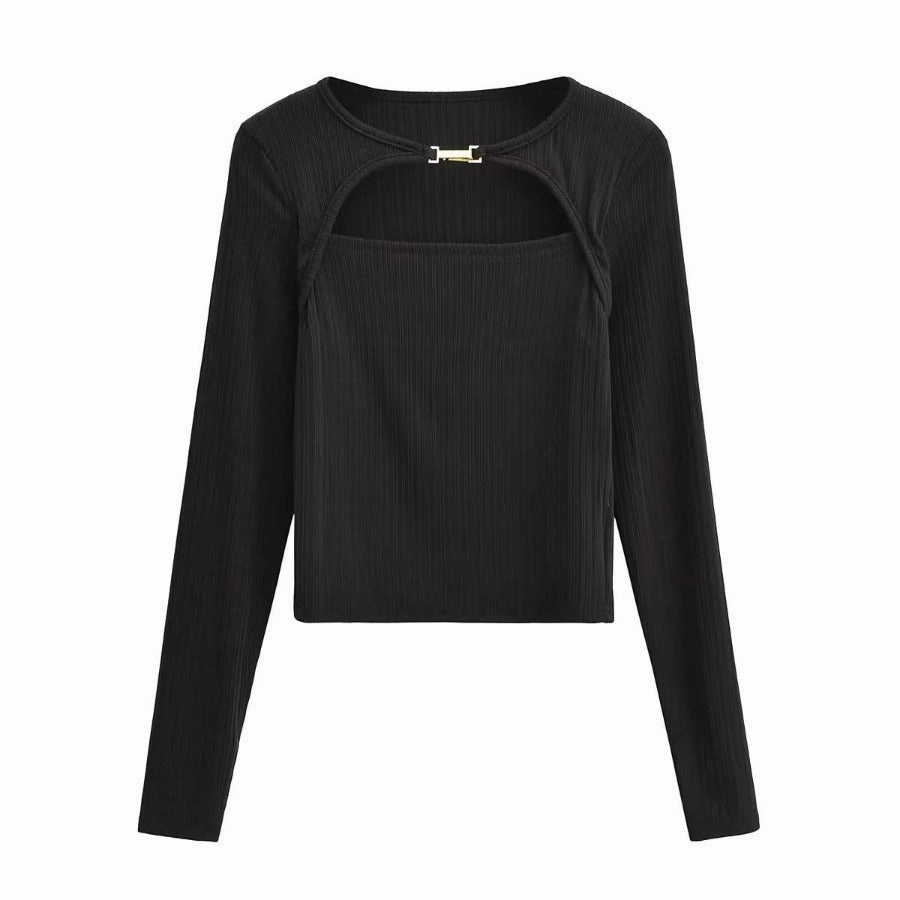 Logo Emblem Elastic Tight Thin Hook And Loop Design Long Sleeved Bottoming Shirt For Women