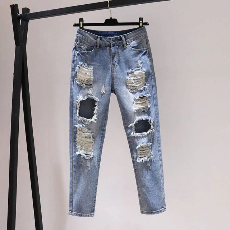 Neutral Look Essential Basics Korean Style All-match Social Style Ripped Harem Jeans Women's Pants Loose Wear Mixed Batch