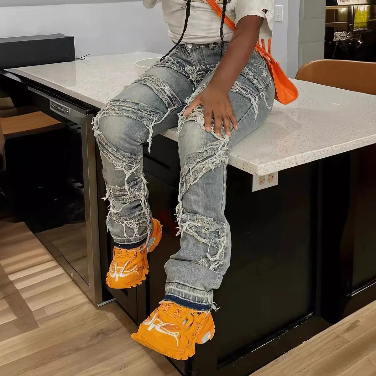 Outdoor Adventure Party Look Youth Style All Time Basic Laminated Ripped Washed Straight Tassle Fashion Casual Jeans