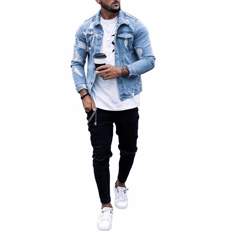 Lapel Men'S Denim Jacket Ripped Irregular Washed Jacket Adventure Ready Bold Look