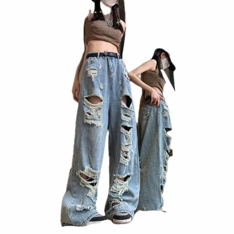 Core Style Large Size High Street Wide Leg Beggar Ripped Jeans Women's Retro
