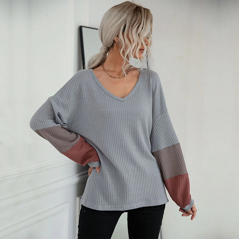 right for hot weather Relaxing Wear New Color Blocking Long Sleeve Waffle V-neck Pullover Knitted Top