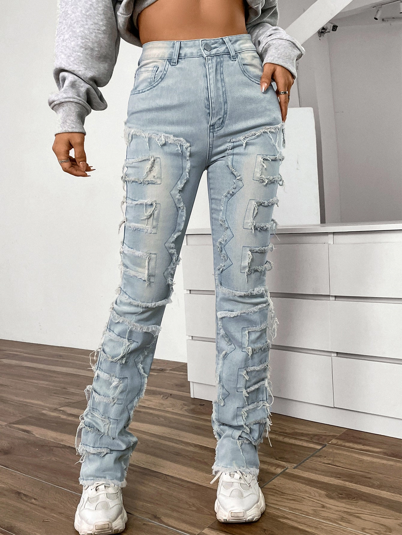 Women's Embroidered Straight-leg Pants Fashion I Stretch Patchwork Jeans Flattering Fit