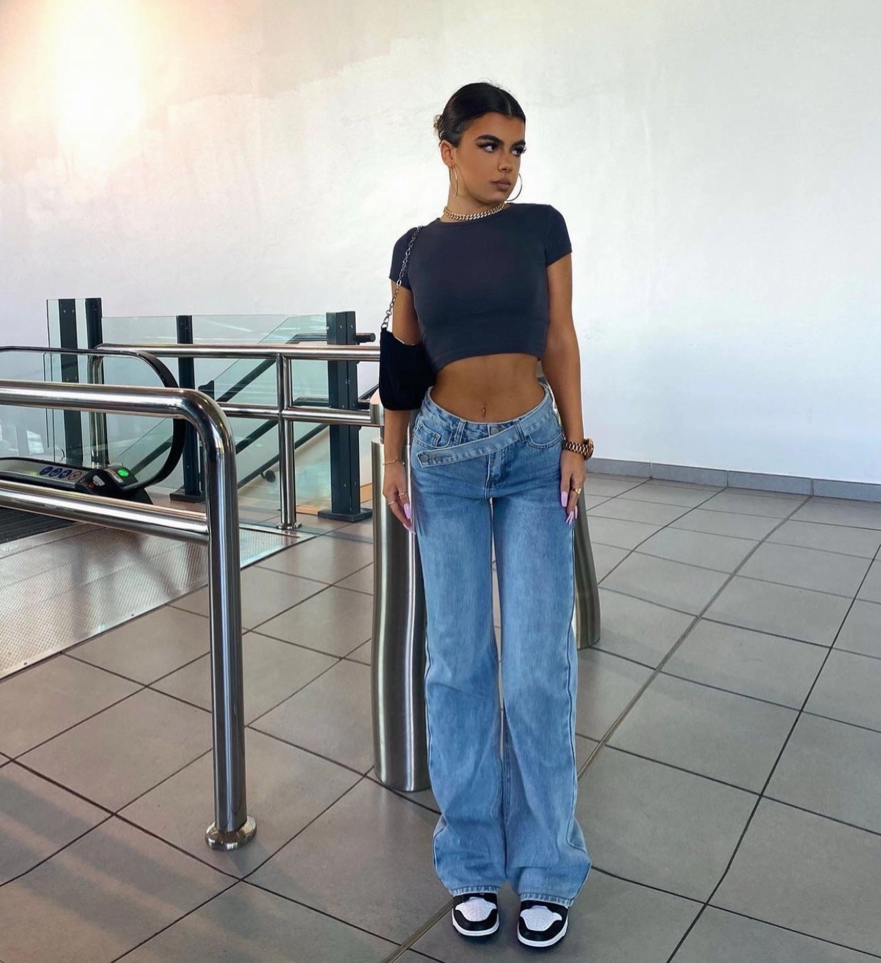 Smart Casual Athlete Fit Weekend Getaway Luxury Beach Day Light Blue Personality Design Bevel Button Jeans Straight Leg Pants