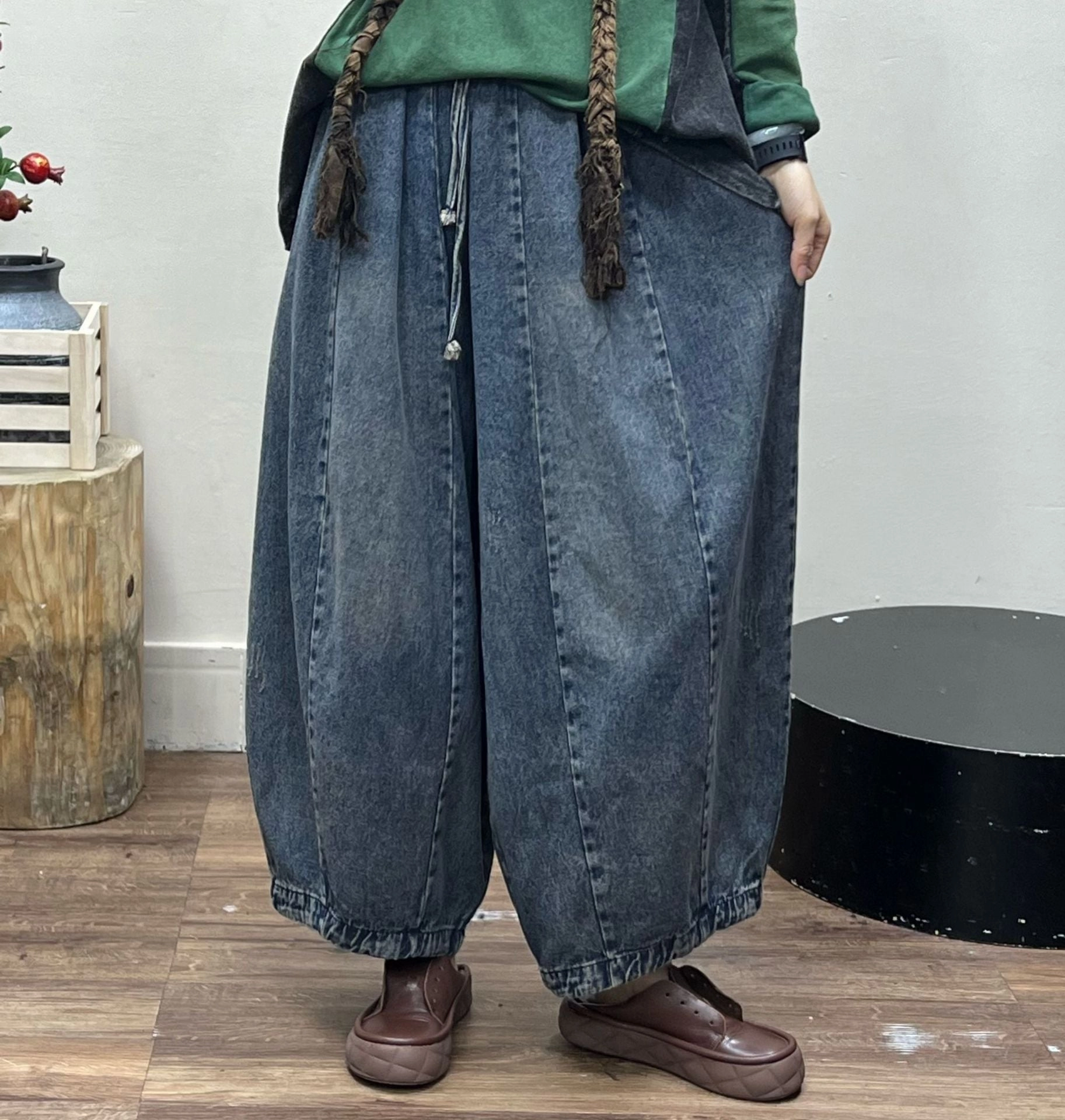 Women's Large Size Retro Denim Elastic Wide-leg Pants Fit Focus