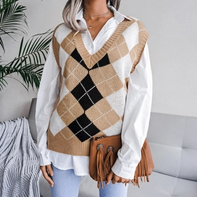 Long Lasting Shape Retention Reinforced Stitching Autumn And Winter College Style Diamond V-Neck Casual Loose Knit Vest Sweater