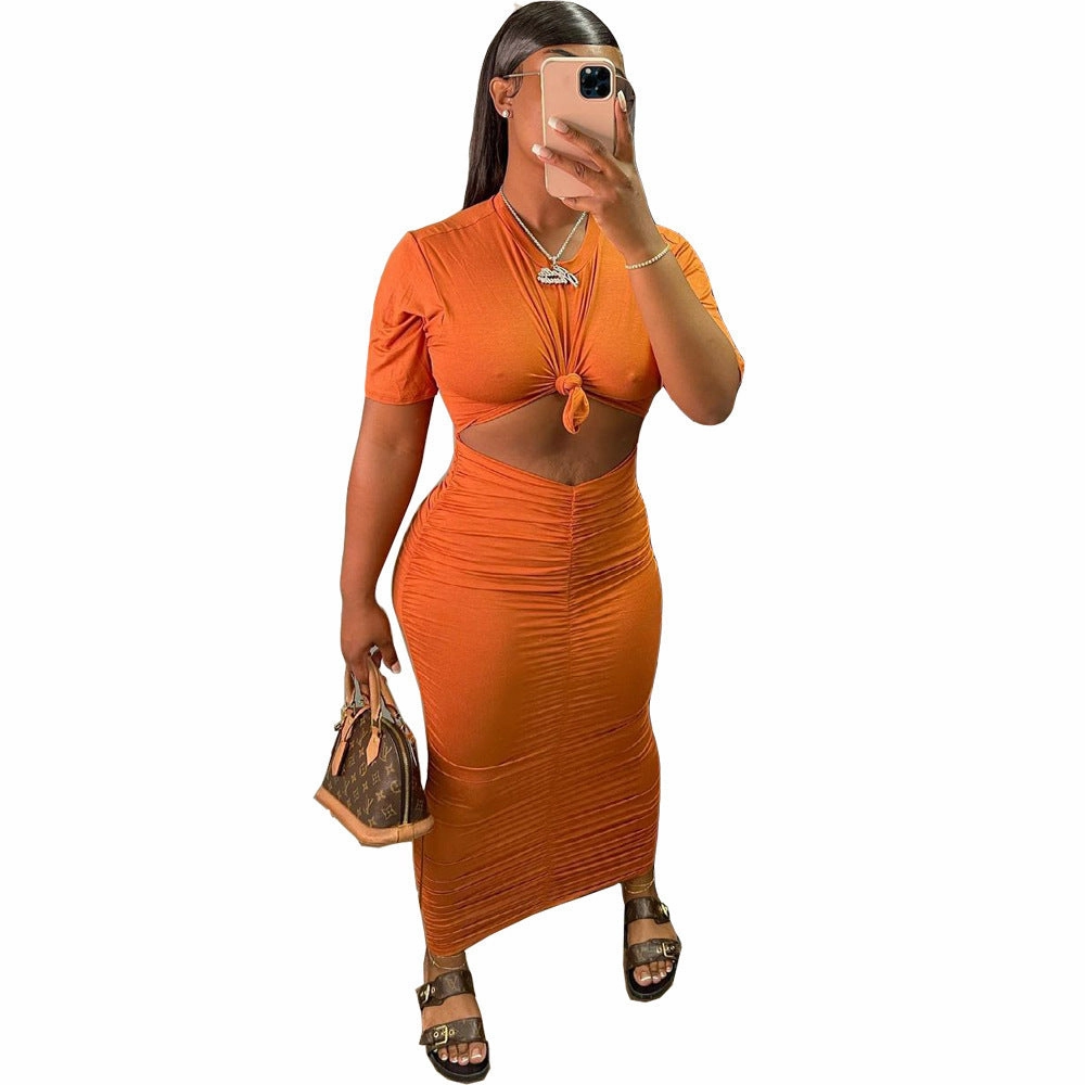 Vivid Versatile Casual Traveler Sexy Solid Color Pleating Short Sleeve Dress Suit