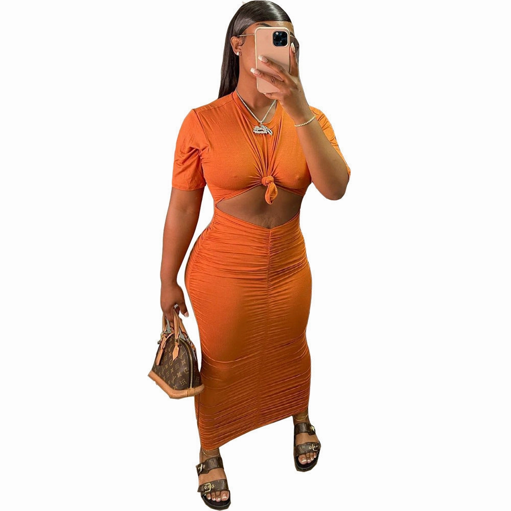 Sexy Solid Color Pleating Short Sleeve Dress Suit Versatile Comfy