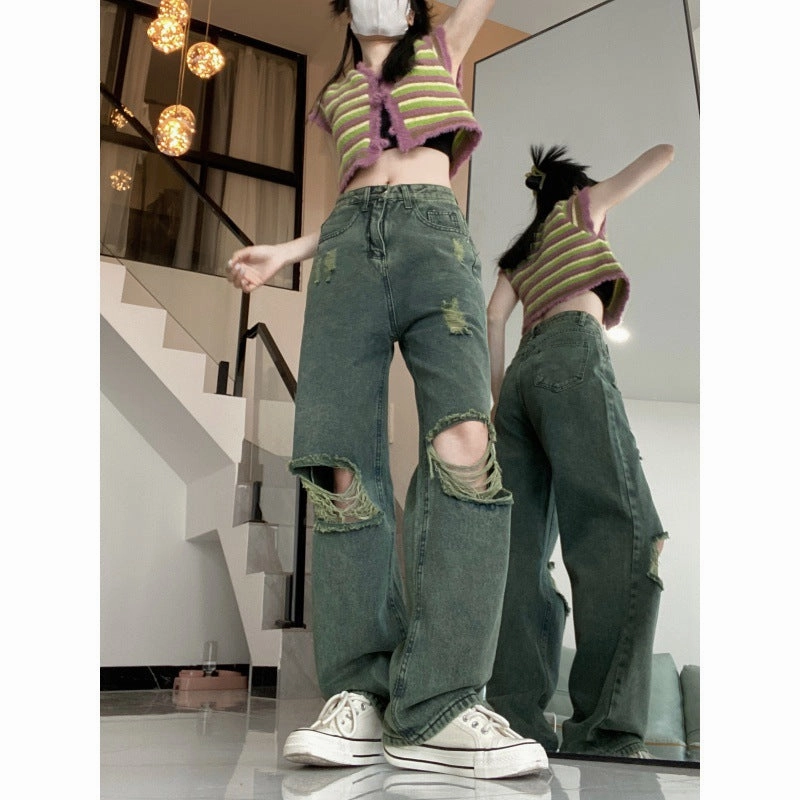 American Dark Green Torn Jeans With Wide Leg Pants For Women Go Anywhere Look