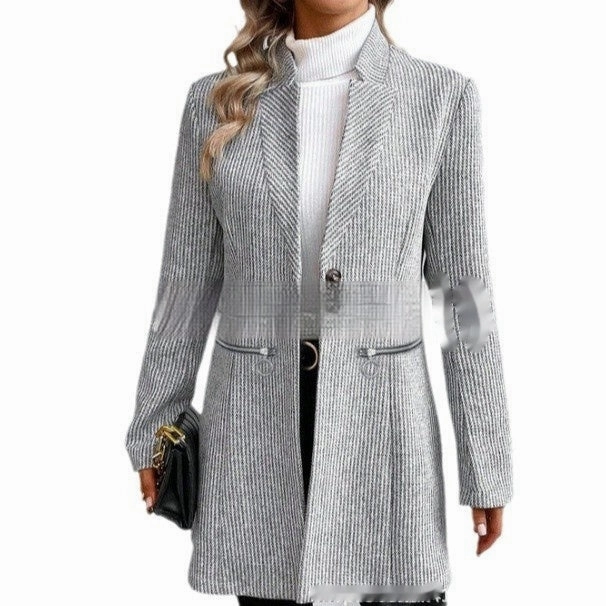 European And American Leisure Vertical Pattern Women's Woolen Jacket Zipper TemperatureRegulating Fabric