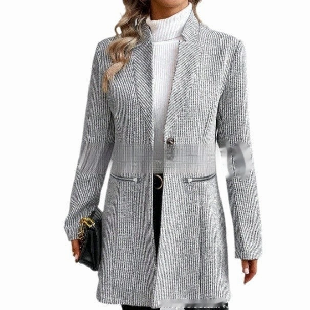 RubberizedTrim European And American Leisure Vertical Pattern Women's Woolen Jacket Zipper