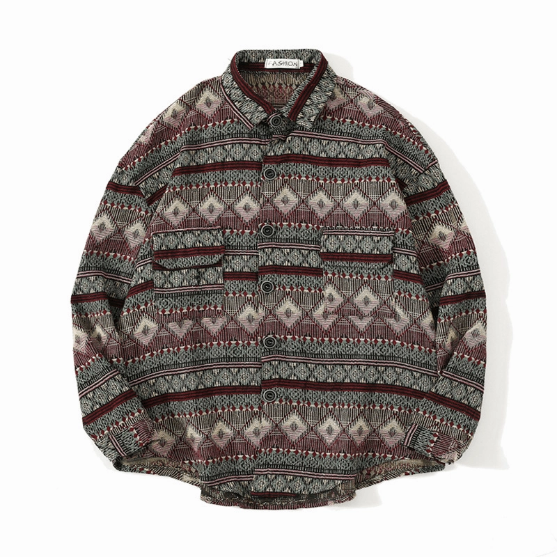 Men'S Casual Long-Sleeved Shirt Lapel Loose Shirt ethnic print
