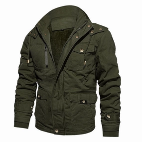 Layered Collar Design Men's Cotton Coat Jacket Hooded Multi-pocket Vintage Fleece-lined