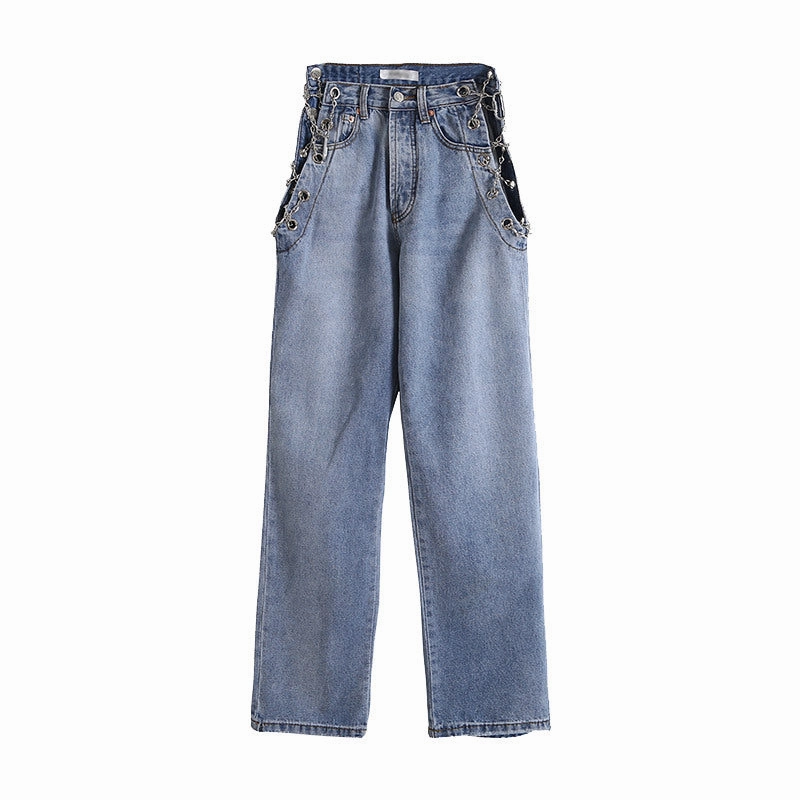 Metal Chain Cutout Design High Waist Jeans Sexy Straight Pants Cool Day Look