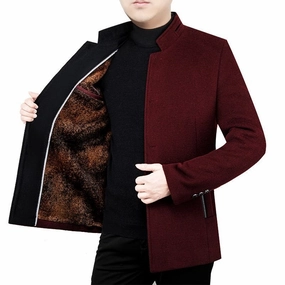 Double Layered Cuffs Middle-aged Men's Woolen Coat Velvet Stand Collar Dad Wear Autumn And Winter Fleece Padded