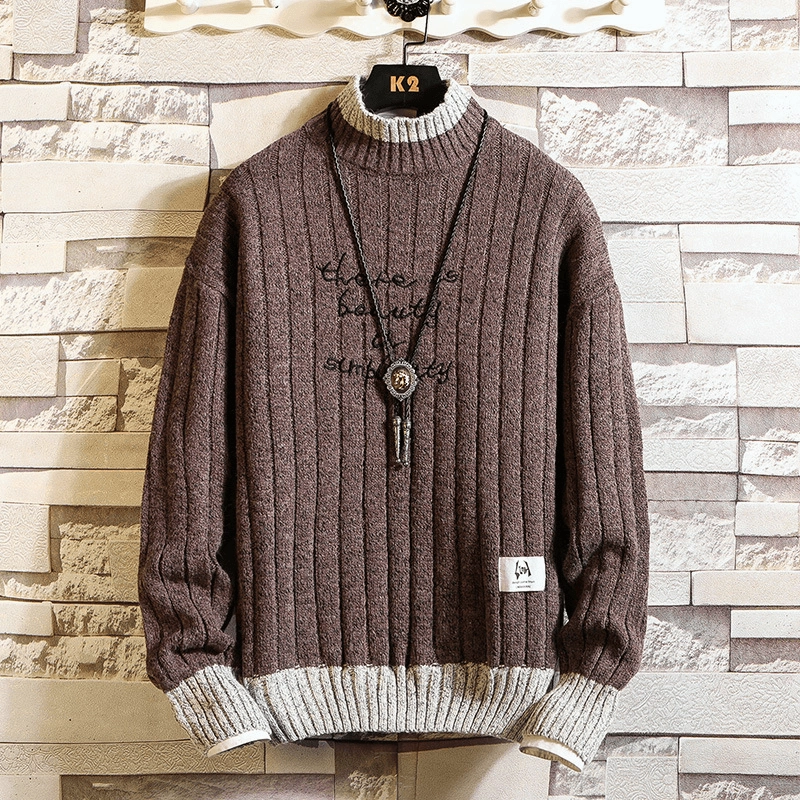 Long Sleeve Thick Half High Neck Letter Pullover Sweater for Men Home Relaxation