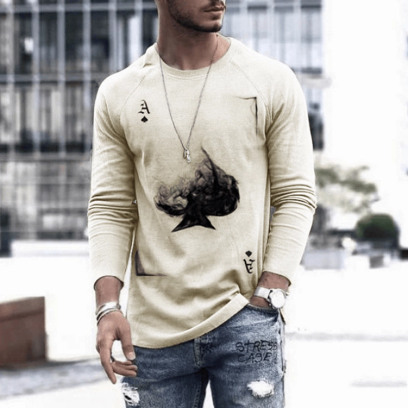 Fashion Poker Printed Top Men'S round Neck Long Sleeve ring accents