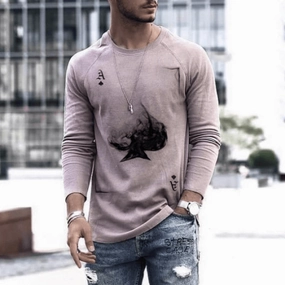 Fashion Poker Printed Top Men'S round Neck Long Sleeve product chain toughness