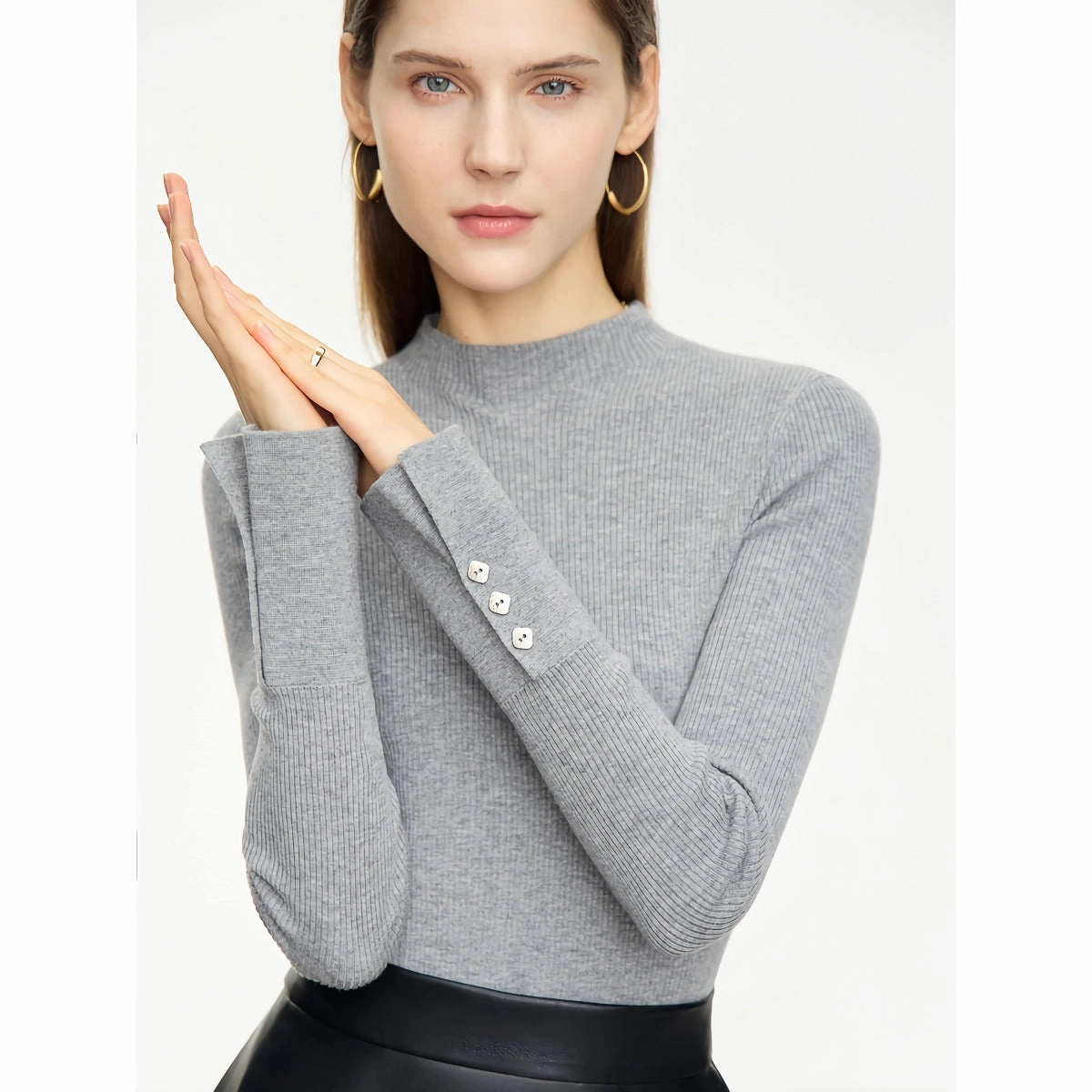 RubberizedGrip Minimalist Mock Neck Sweater with Slit Cuffs and Metal Buckle for Women