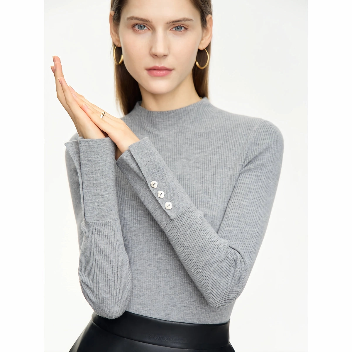 Minimalist Mock Neck Sweater with Slit Cuffs and Metal Buckle for Women Printed top SheerLayering