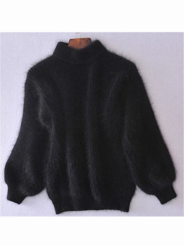 slim fit "Mohair" -Thicken Turtleneck-Fashion Lantern Sleeve -Pullover