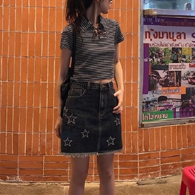 Sustainable Evening Stroll Casual Star Embroidery American Vintage Denim Short Skirt Summer Women's High Waist Spice Girl Half Skirt Bag Hip Skirt