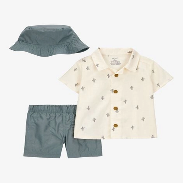 Baby Boy 3-Piece Cactus Short & Hat Set - Ivory/Green 1S451210-969 DoubleStitchedSeams