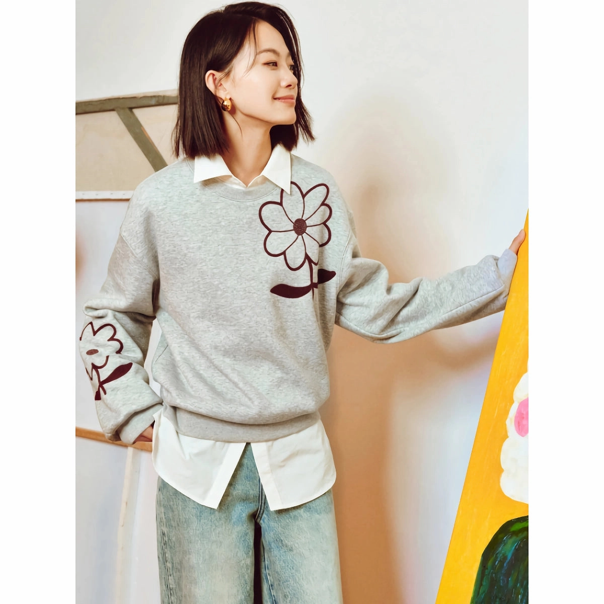 Women??s Floral Round Neck Pullover - Cozy Fleece Sweatshirt Tall school wear